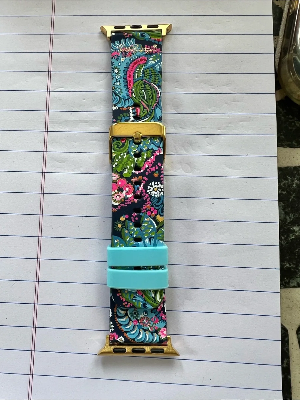 Lilly Pulitzer silicone Apple Watch band in floral paisley print aqua loop keep